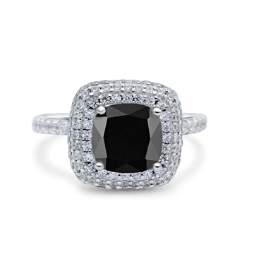 Halo Art Deco Cushion Cut Wedding Ring Simulated Black CZ 925 Sterling Silver